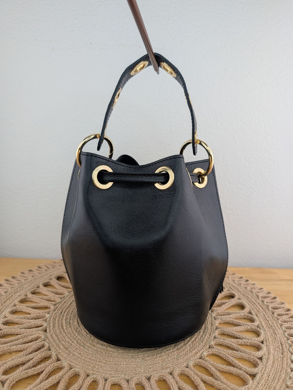 House of Harlow 1960 Black Leather Bucket Bag Purse Gold Hardware Cinch Closure